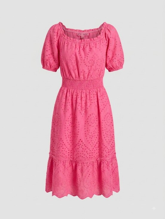 Betsey Johnson Dresses & Skirts - Betsey Johnson Hot Pink Cotton Eyelet Puff Sleeve Square Neck Midi Dress